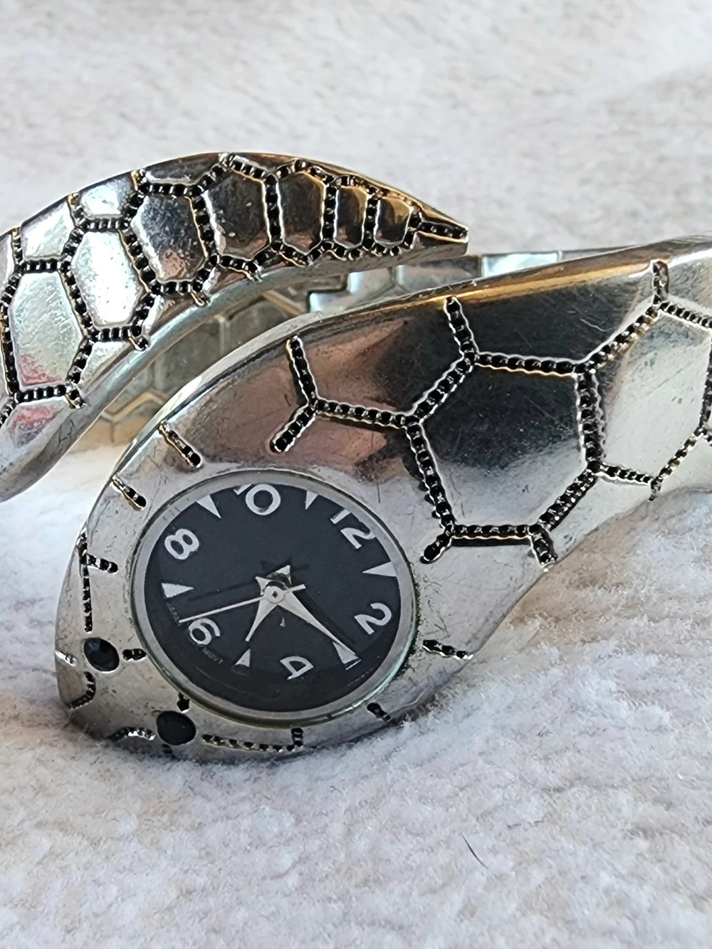 vintage silver-tone stainless steel snake-shaped wrap bangle cuff watch